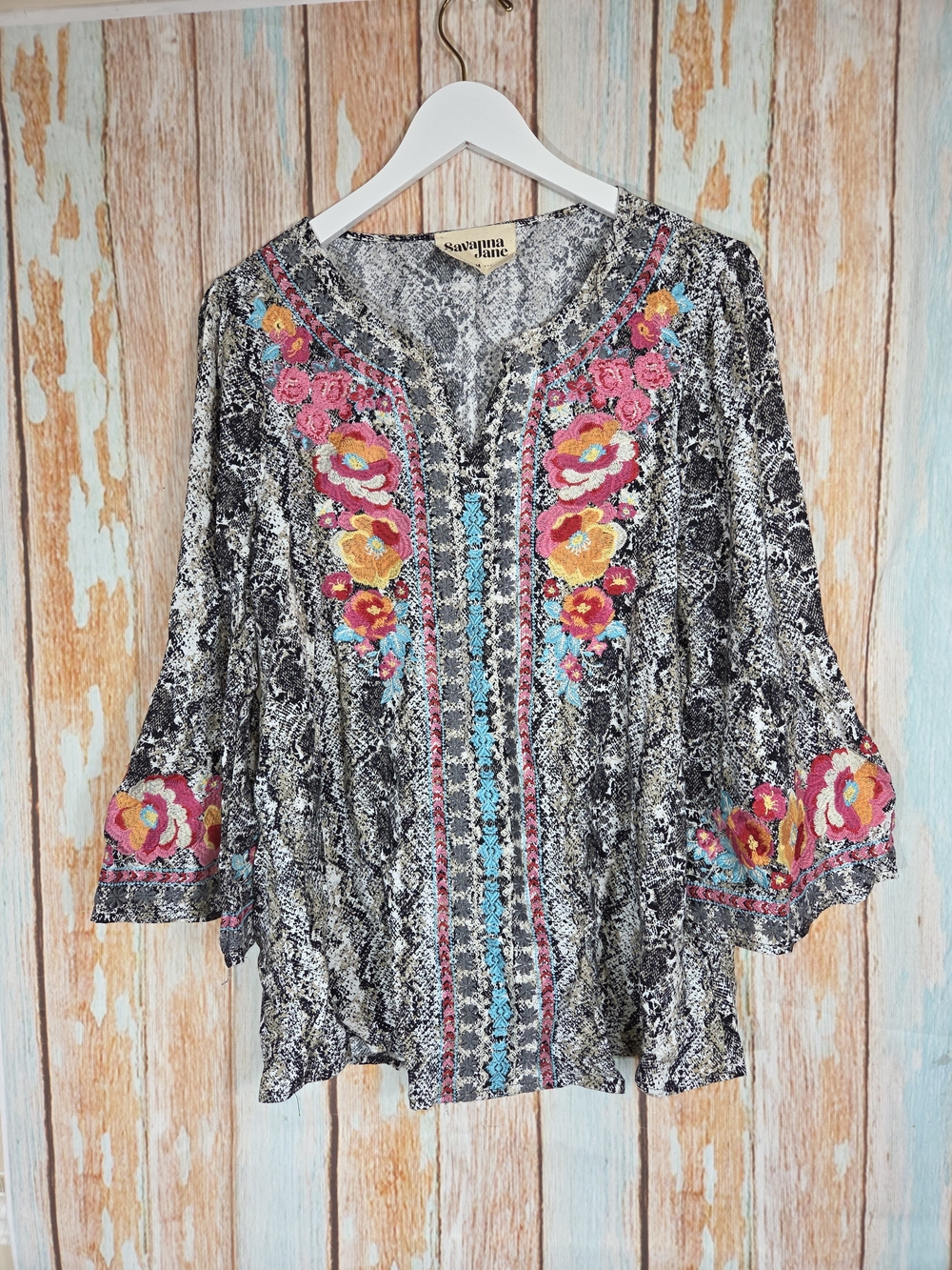 Savanna Jane Black Snake-Print Tunic with Multicolored Embroidery. Bell Sleeve.